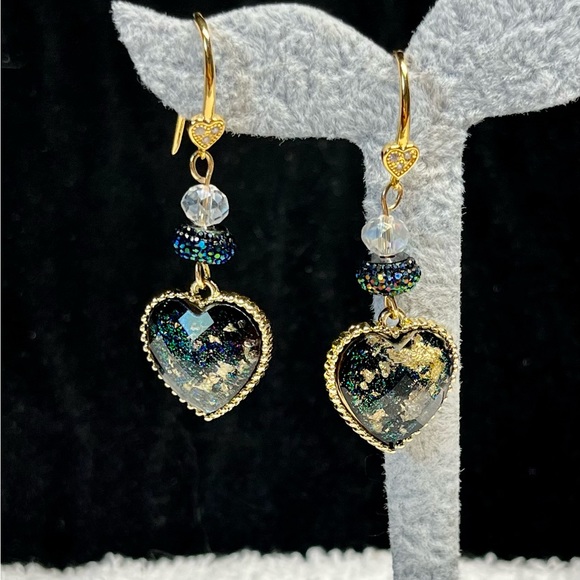 🖤Pretty dangle-glitter black heart earrings —-Gold NWOT - Picture 11 of 13